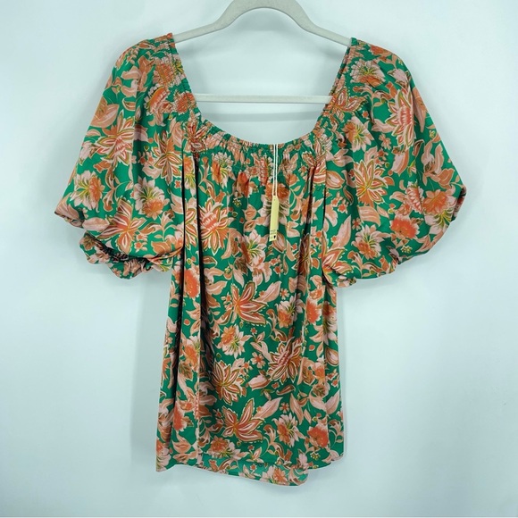 NWT JODIFL green pink floral short puff sleeve top Sz M - Picture 1 of 8